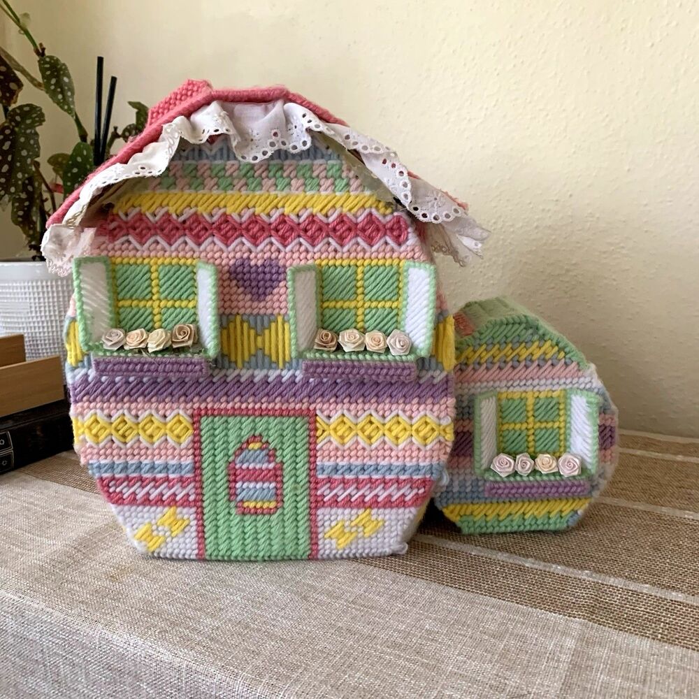 Vintage Handmade Plastic Canvas Needlepoint House 10x12 Tissue Box Easter Spring